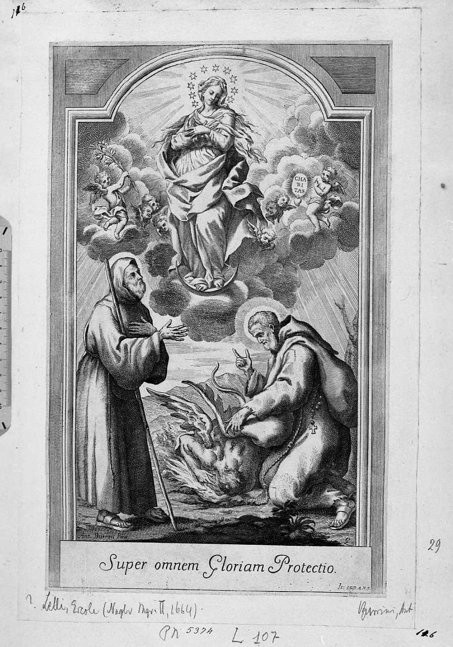 San Francesco col discepoli caccia il diavolo, Santi (stampa tagliata) di Lelli Ercole (sec. XVIII)