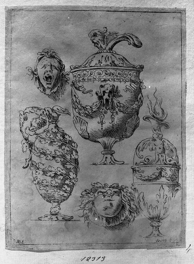 Tre vasi e due maschere, vaso (stampa tagliata) di Mitelli Giuseppe Maria (secc. XVII/ XVIII)