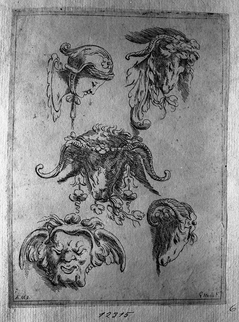 Tre teste di caproni, testa femminile, grottesca, figura grottesca (stampa tagliata) di Mitelli Giuseppe Maria (secc. XVII/ XVIII)