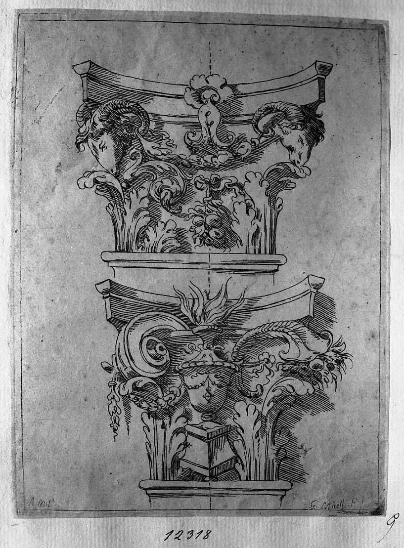 Due capitelli, uno dei quali con testa di montone, architettura (stampa tagliata) di Mitelli Giuseppe Maria (secc. XVII/ XVIII)