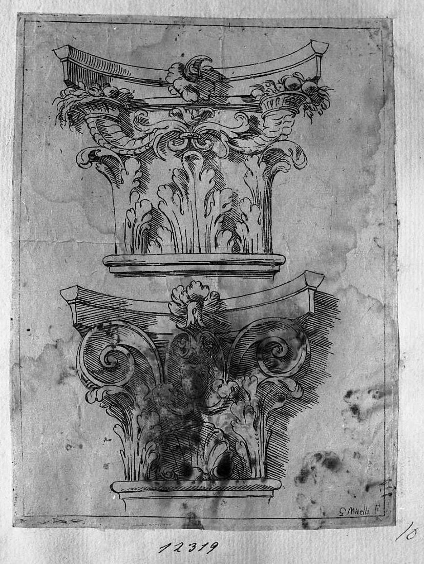 Due capitelli, uno dei quali con grottesco, architettura (stampa tagliata) di Mitelli Giuseppe Maria (secc. XVII/ XVIII)