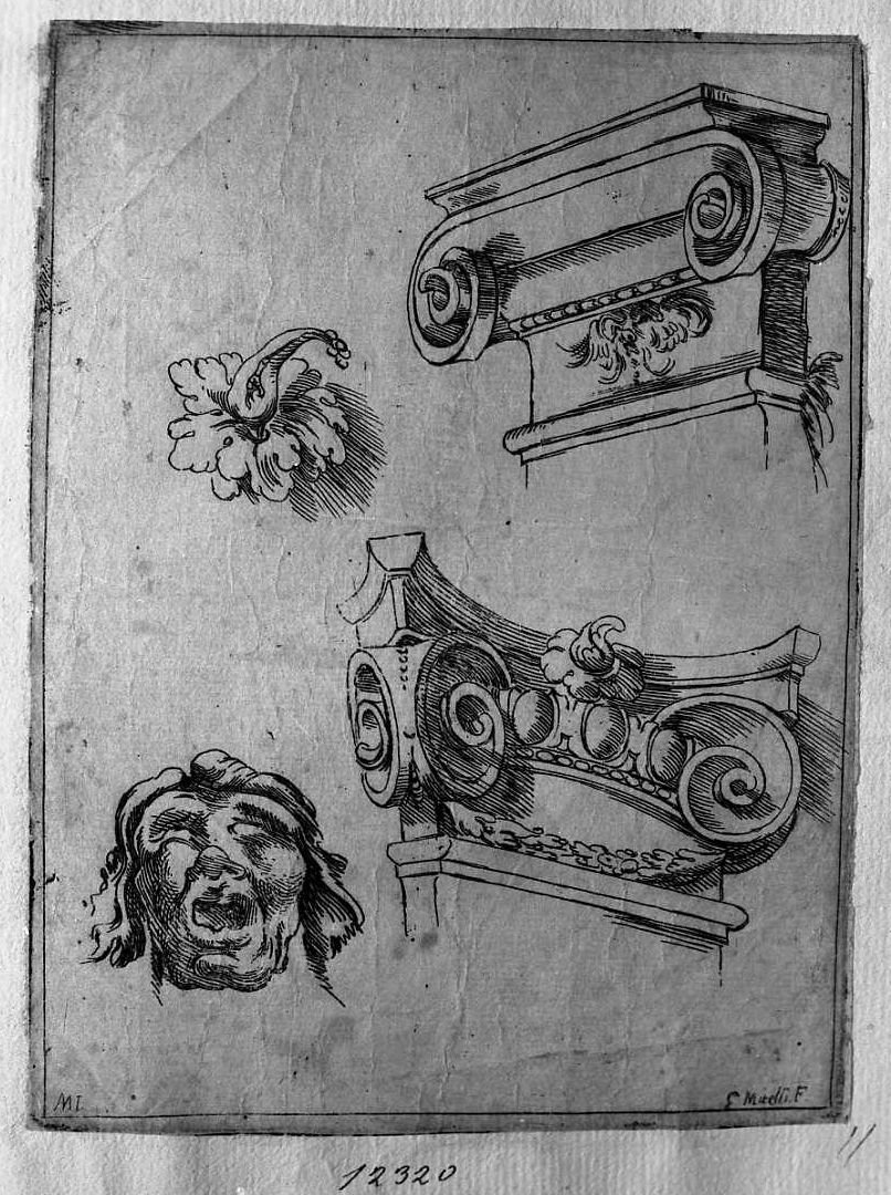 Due capitelli, un fiore, una grottesca, architettura (stampa tagliata) di Mitelli Giuseppe Maria (secc. XVII/ XVIII)
