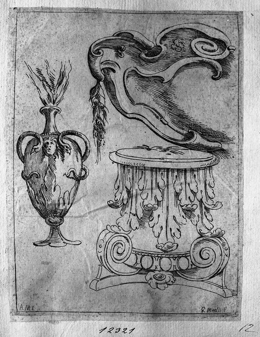 Un capitello, un vaso, ornato, vaso (stampa tagliata) di Mitelli Giuseppe Maria (secc. XVII/ XVIII)
