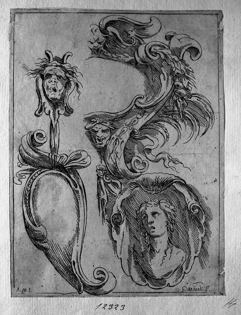Due ornati per cornici, grottesca, mezzo busto femminile, architettura (stampa tagliata) di Mitelli Giuseppe Maria (secc. XVII/ XVIII)