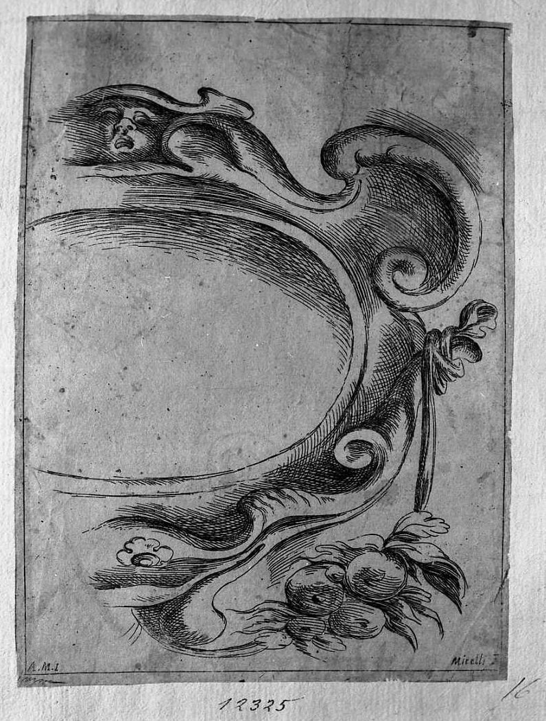 Ornato per cornice ovale, altro con testa di montone, architettura (stampa tagliata) di Mitelli Giuseppe Maria (secc. XVII/ XVIII)