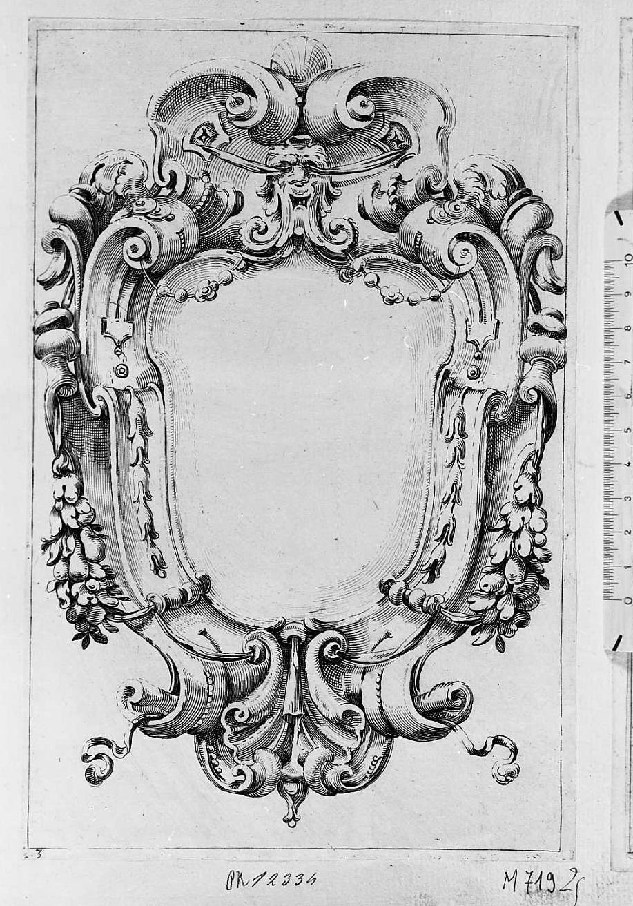 Ornato per cornice ovale, cornice architettonica con motivi decorativi e figure (stampa tagliata) di Mitelli Agostino (sec. XVII)