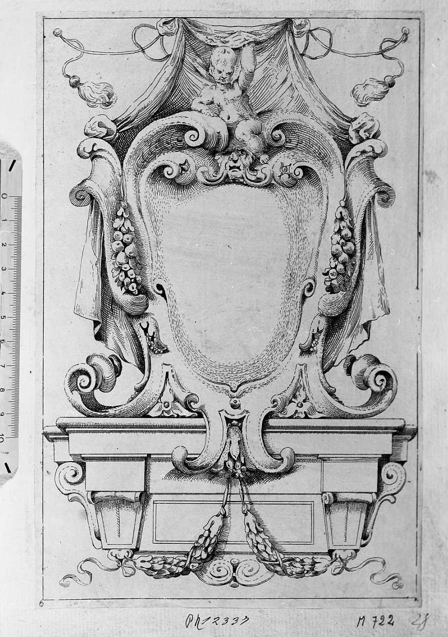 Ornato per cornice ovale con putto sopra, cornice architettonica con motivi decorativi e figure (stampa tagliata) di Mitelli Agostino (sec. XVII)