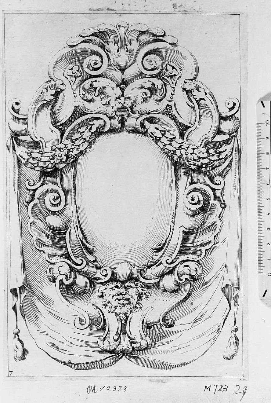 Ornato per cornice ovale con festoni d'alloro, cornice architettonica con motivi decorativi e figure (stampa tagliata) di Mitelli Agostino (sec. XVII)