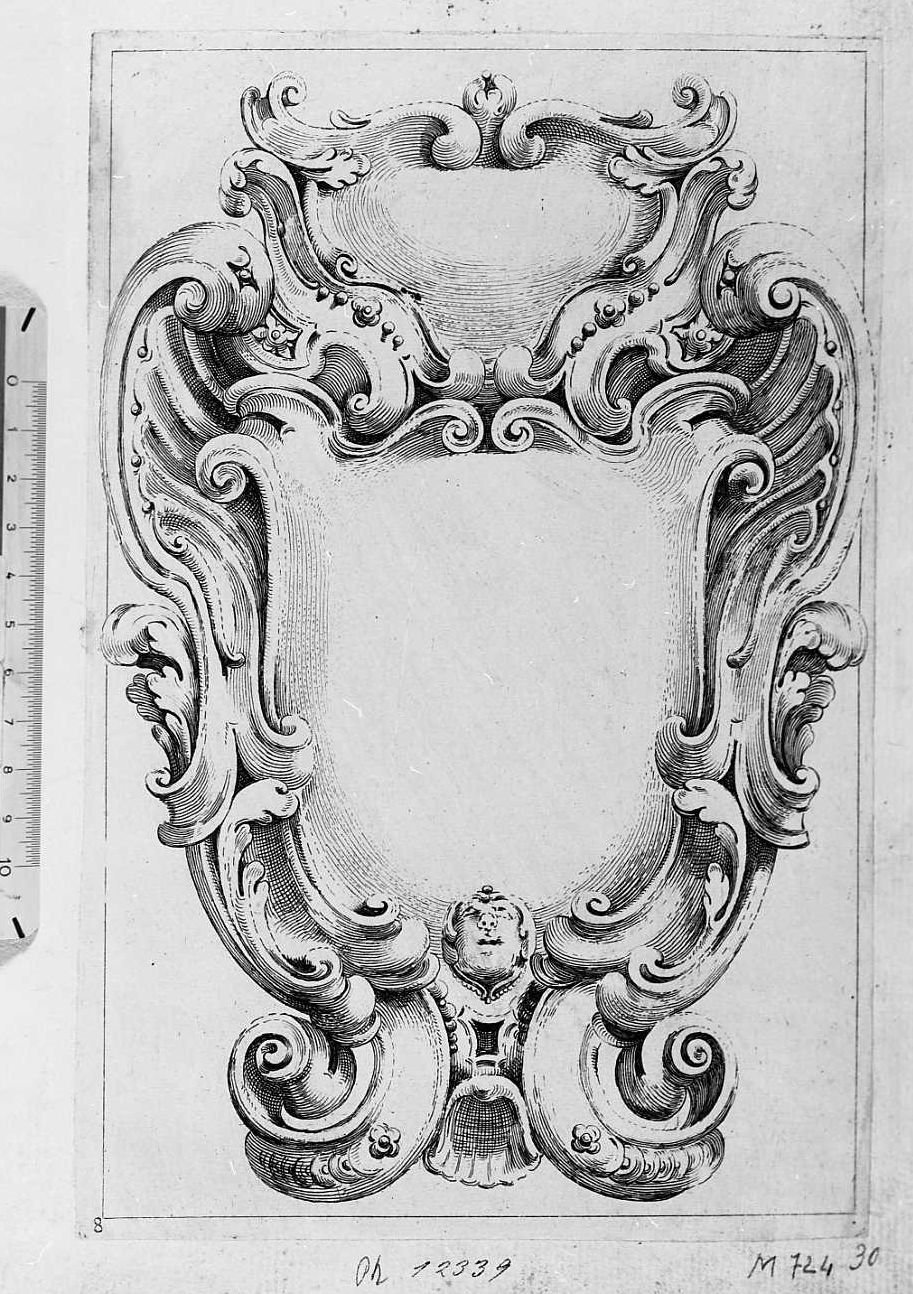 Ornato per cornice ovale con grottesca sotto, cornice architettonica con motivi decorativi e figure (stampa tagliata) di Mitelli Agostino (sec. XVII)