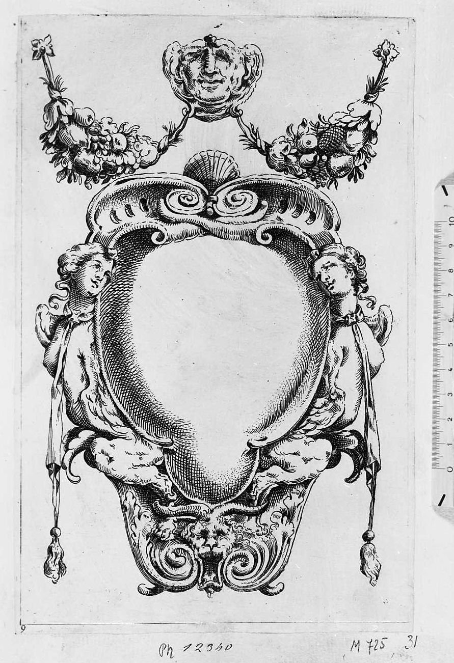 Ornato per cornice ovale con donne ai lati, cornice architettonica con motivi decorativi e figure (stampa tagliata) di Mitelli Agostino (sec. XVII)