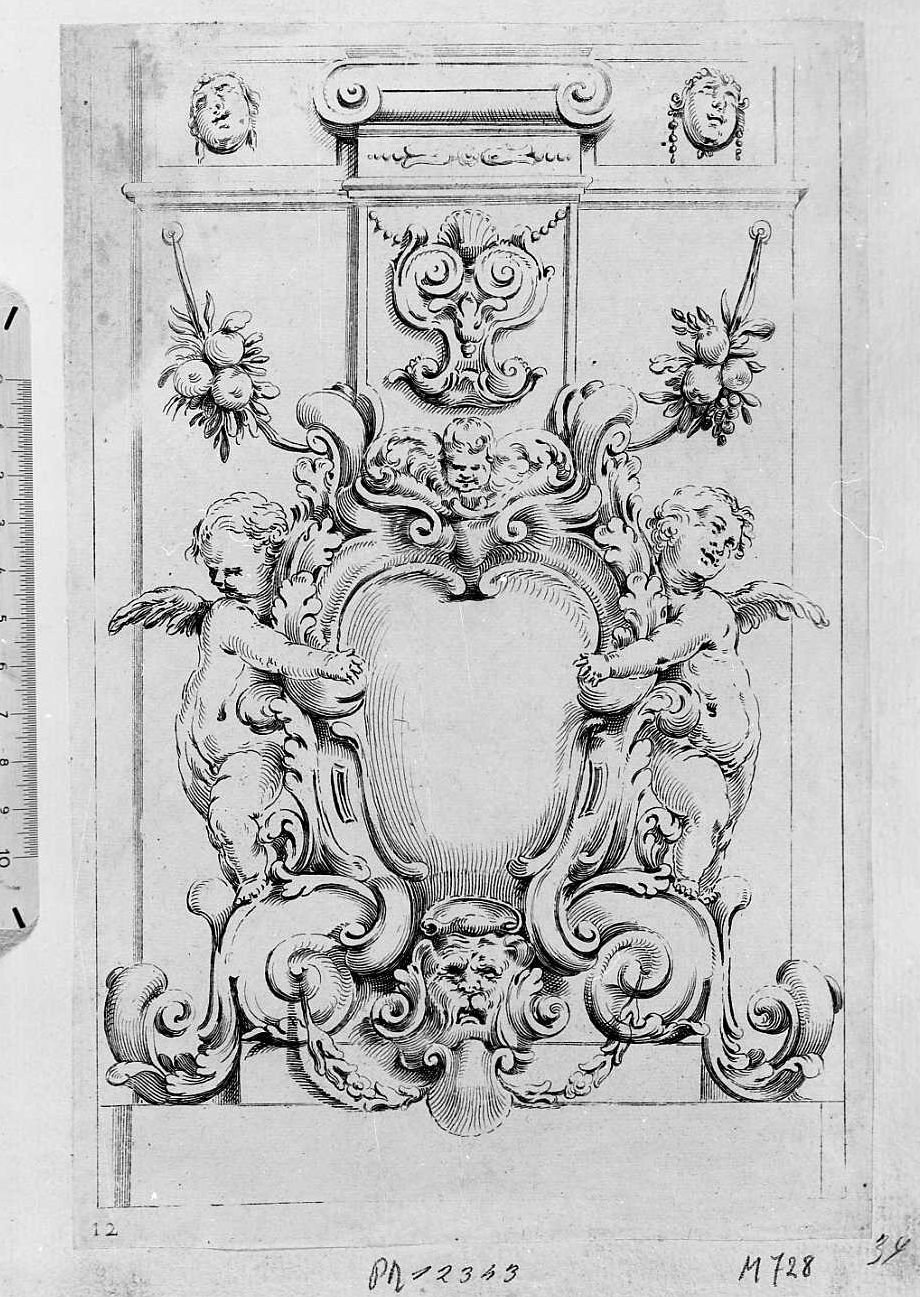 Ornato per cornice ovale con angioletti ai lati, cornice architettonica con motivi decorativi e figure (stampa tagliata) di Mitelli Agostino (sec. XVII)