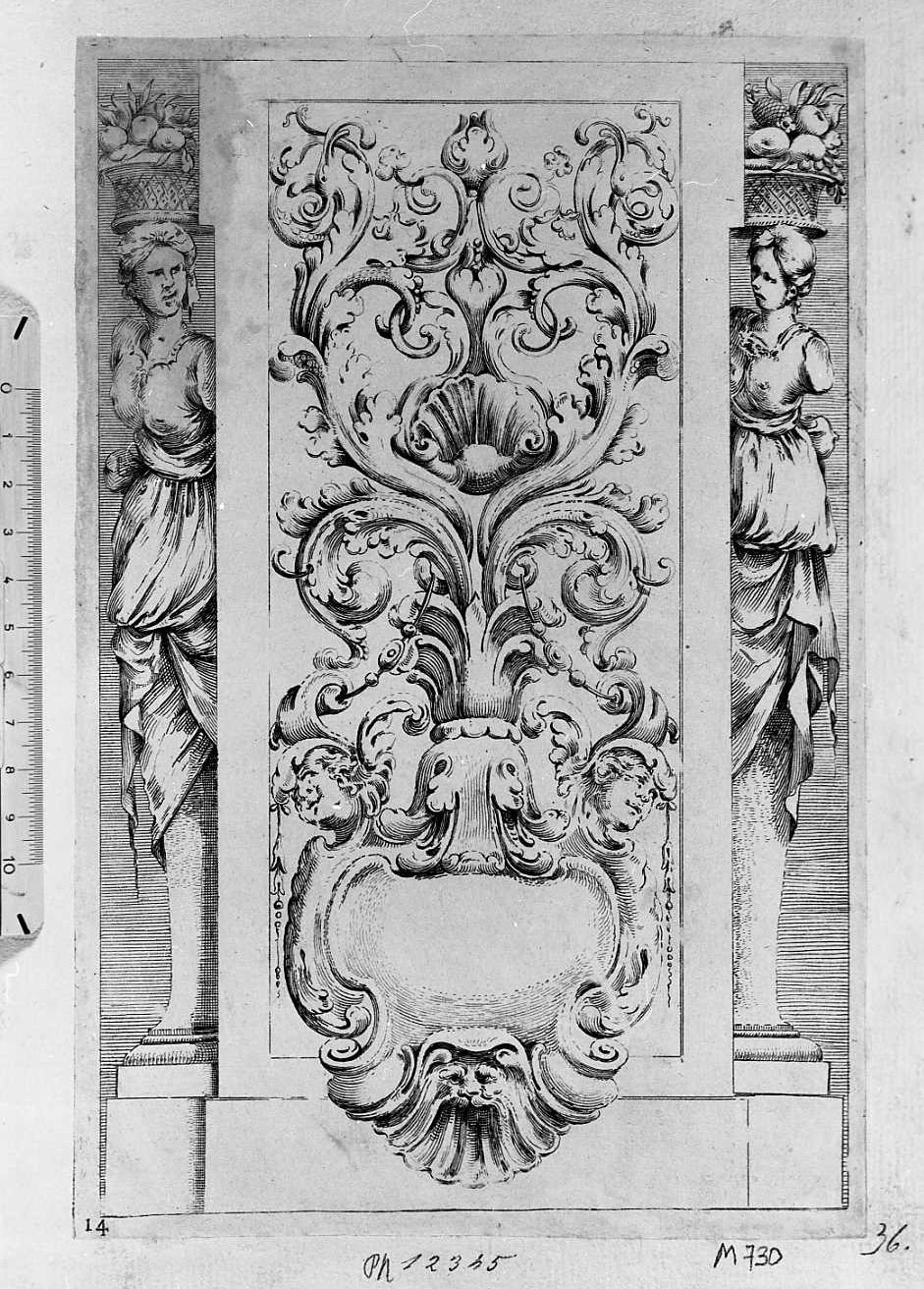 Fregio a fogliame con figure di donne alate, architettura (stampa tagliata) di Mitelli Agostino (sec. XVII)