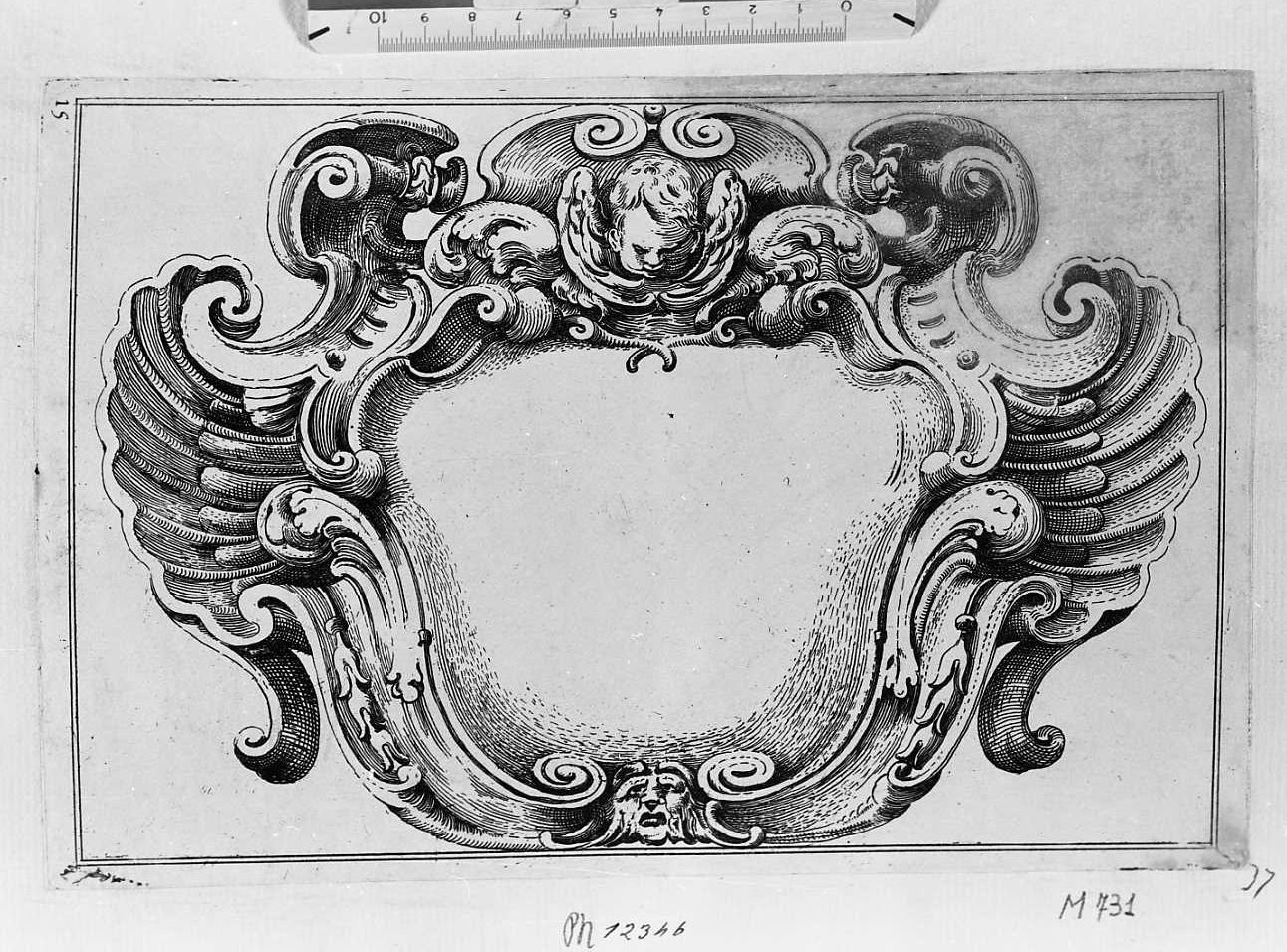 Ornato per cornice con puttino sopra e grottesca sotto, cornice architettonica con motivi decorativi e figure (stampa tagliata) di Mitelli Agostino (sec. XVII)