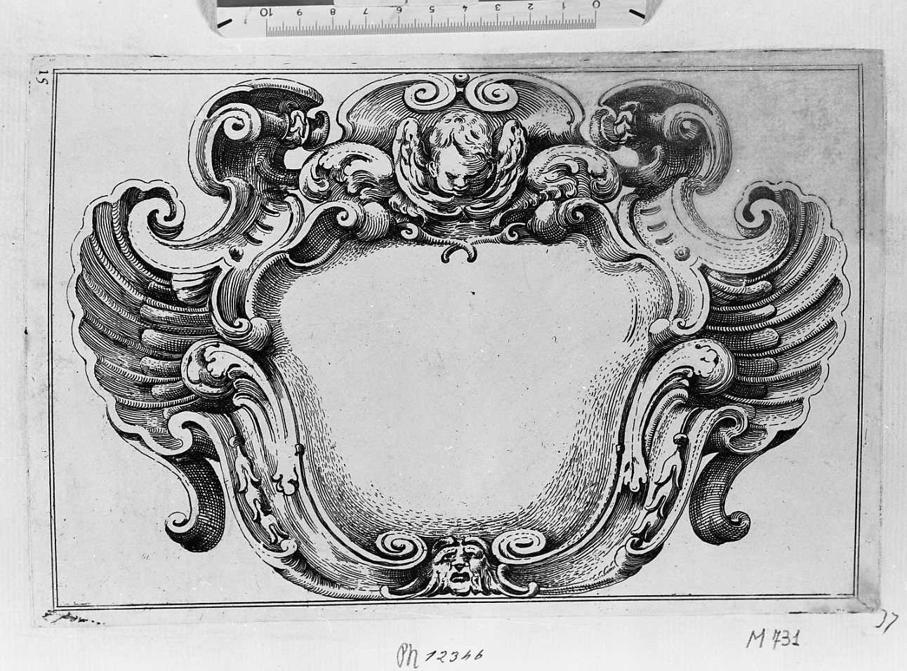 Ornato per cornice con puttino sopra e grottesca sotto, cornice architettonica con motivi decorativi e figure (stampa tagliata) di Mitelli Agostino (sec. XVII)