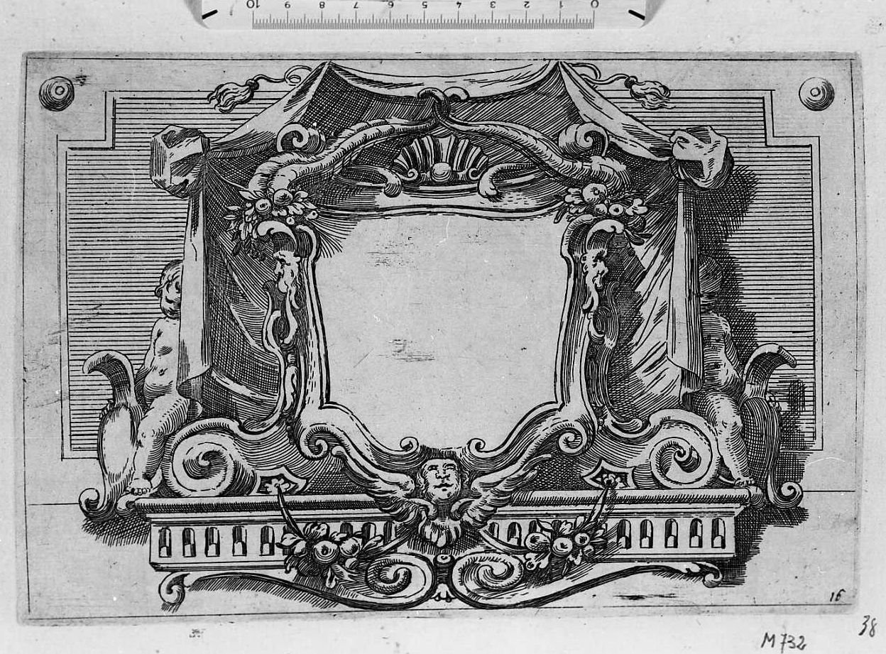 Ornato per cornice con due puttini ai lati, cornice architettonica con motivi decorativi e figure (stampa) di Mitelli Agostino (sec. XVII)