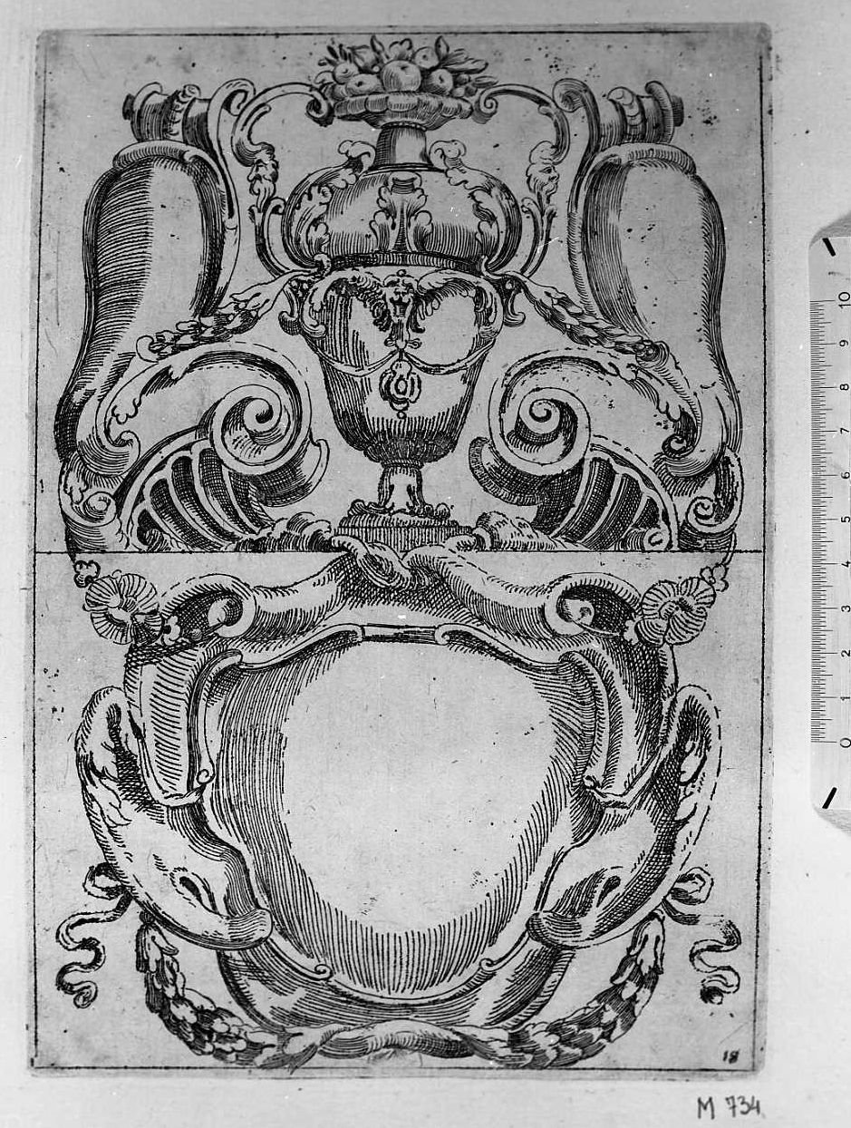 Ornato per cornice sormontato da fregio con vaso, cornice architettonica con motivi decorativi e figure (stampa) di Mitelli Agostino (sec. XVII)