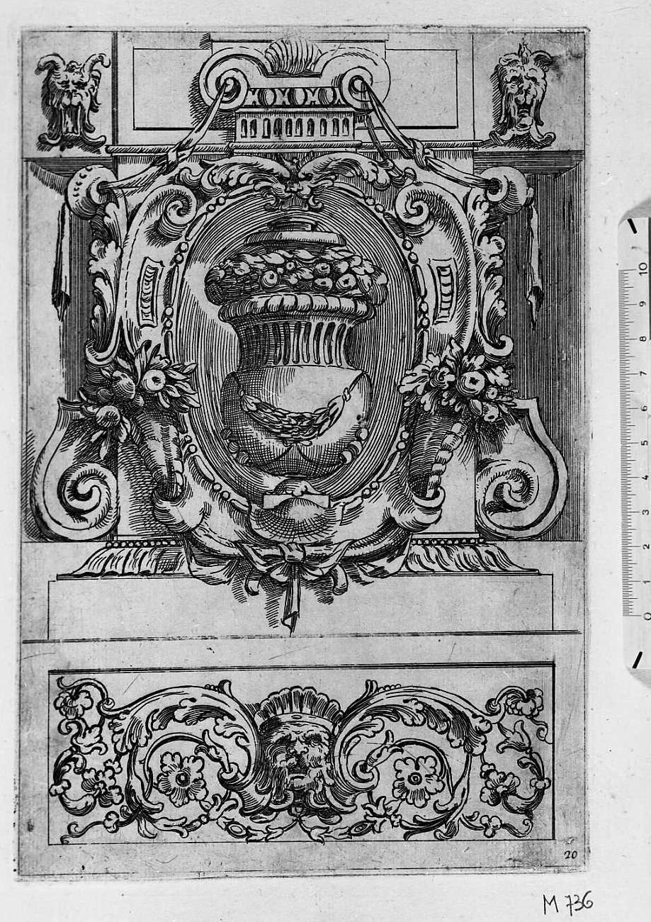 Due fregi: uno quadrato con vaso ed uno rettangolare con grottesca, architettura (stampa) di Mitelli Agostino (sec. XVII)