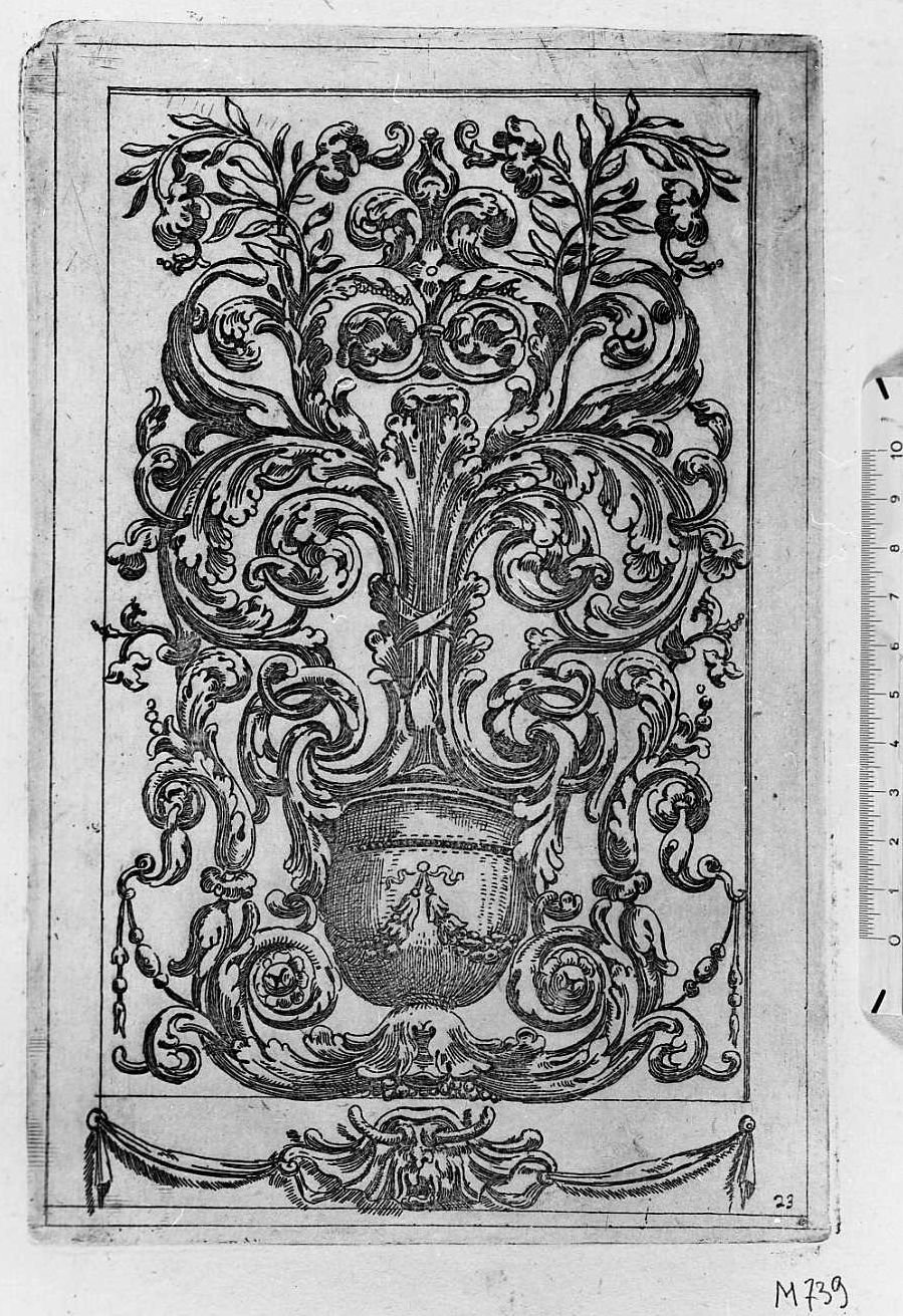Fregio rettangolare con vaso e grottesca, architettura (stampa) di Mitelli Agostino (sec. XVII)