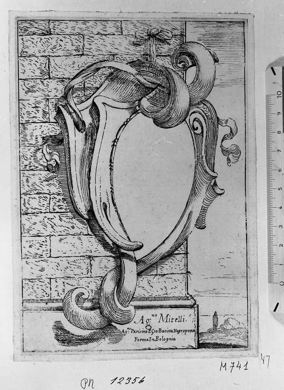 Ornato per cornice, cornice architettonica con motivi decorativi e figure (stampa tagliata) di Mitelli Agostino (sec. XVII)