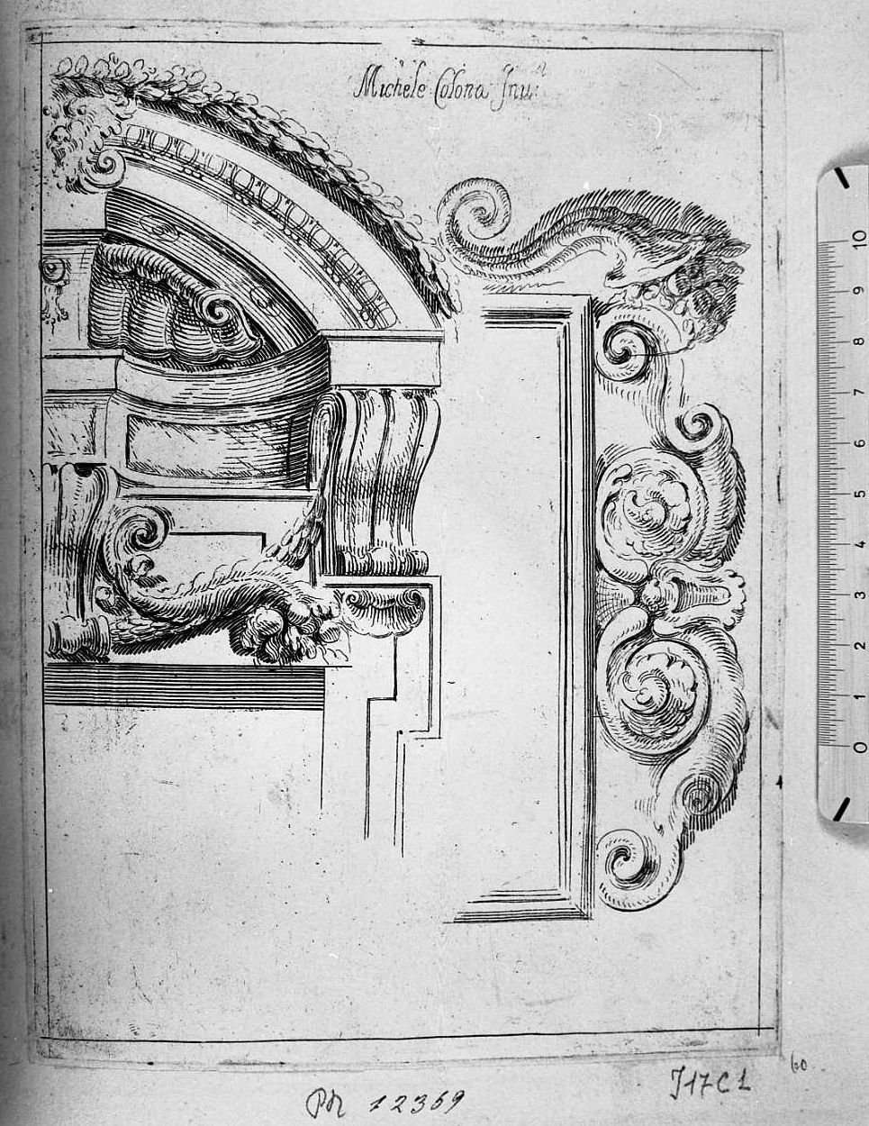Frontone e cornice circolare, architettura (stampa tagliata) - ambito bolognese-emiliano (sec. XVII)