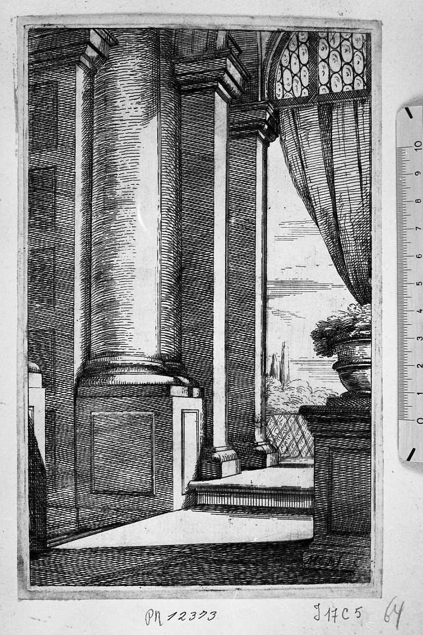 Atrio con finestra sulla campagna, architettura (stampa tagliata) - ambito bolognese-emiliano (sec. XVII)