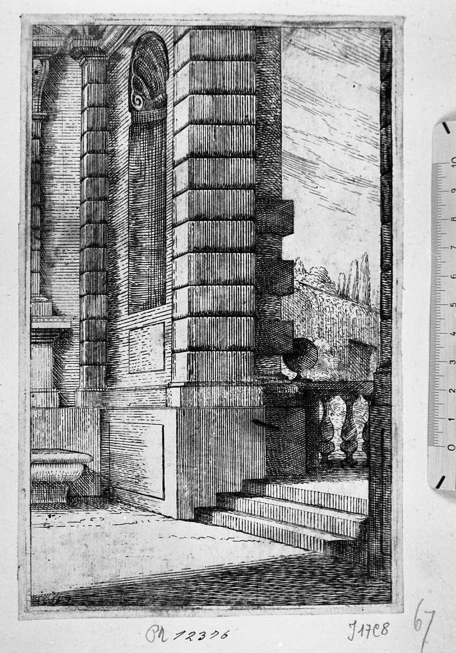 Atrio con pilastri e nicchie, architettura (stampa tagliata) - ambito bolognese-emiliano (sec. XVII)