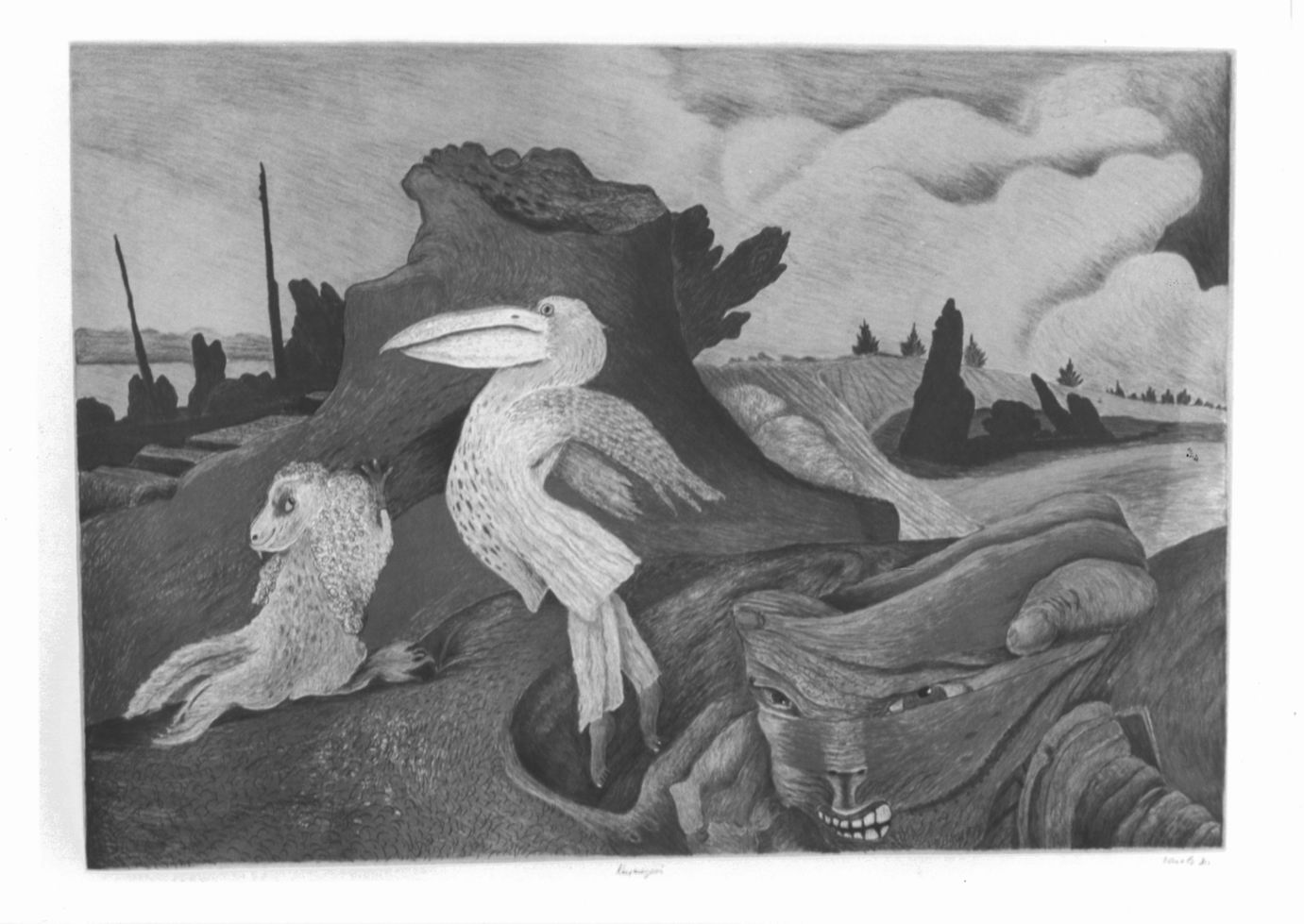 Figure fantastiche in un paesaggio (stampa a colori) di Saietz Gunner (sec. XX)