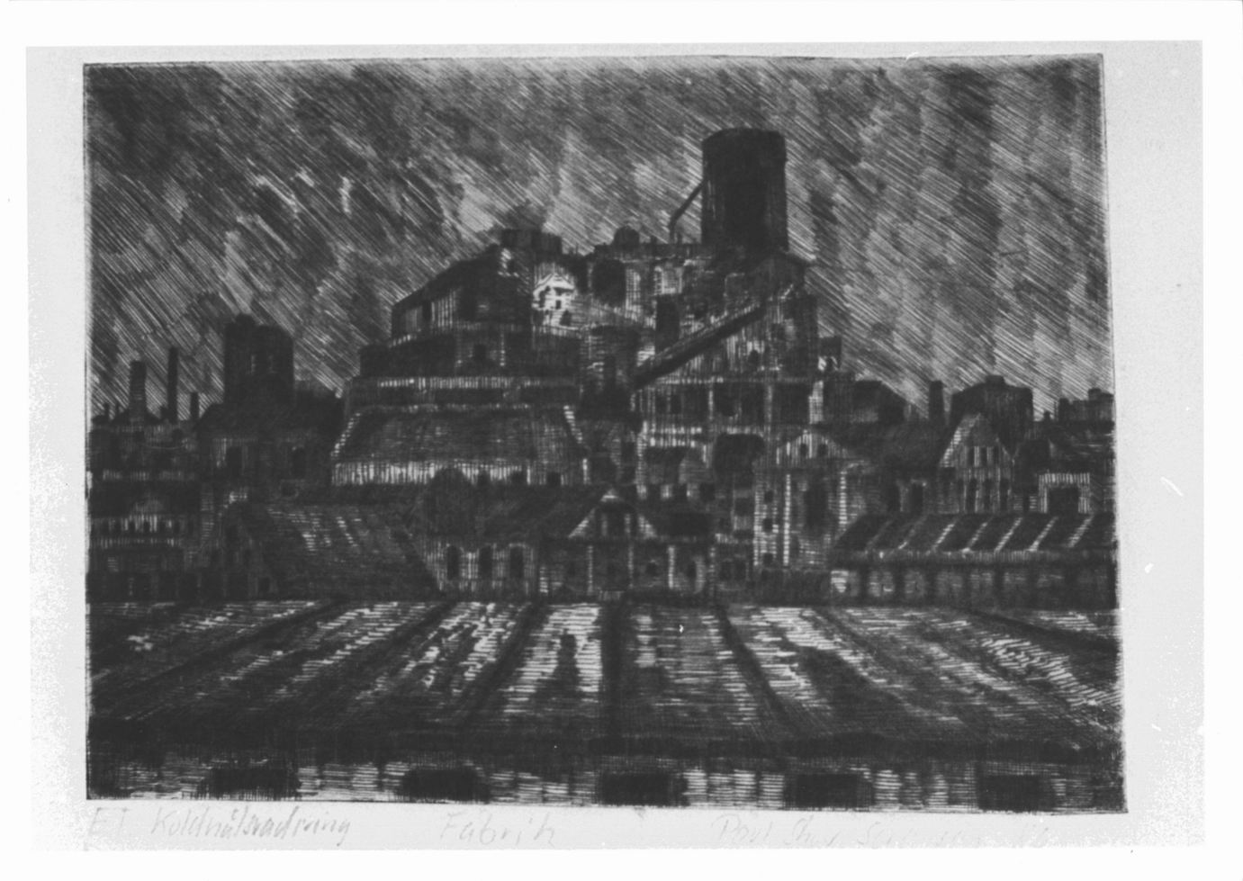 Veduta con fabbrica (stampa) di Sörensen Povl Skov (sec. XX)