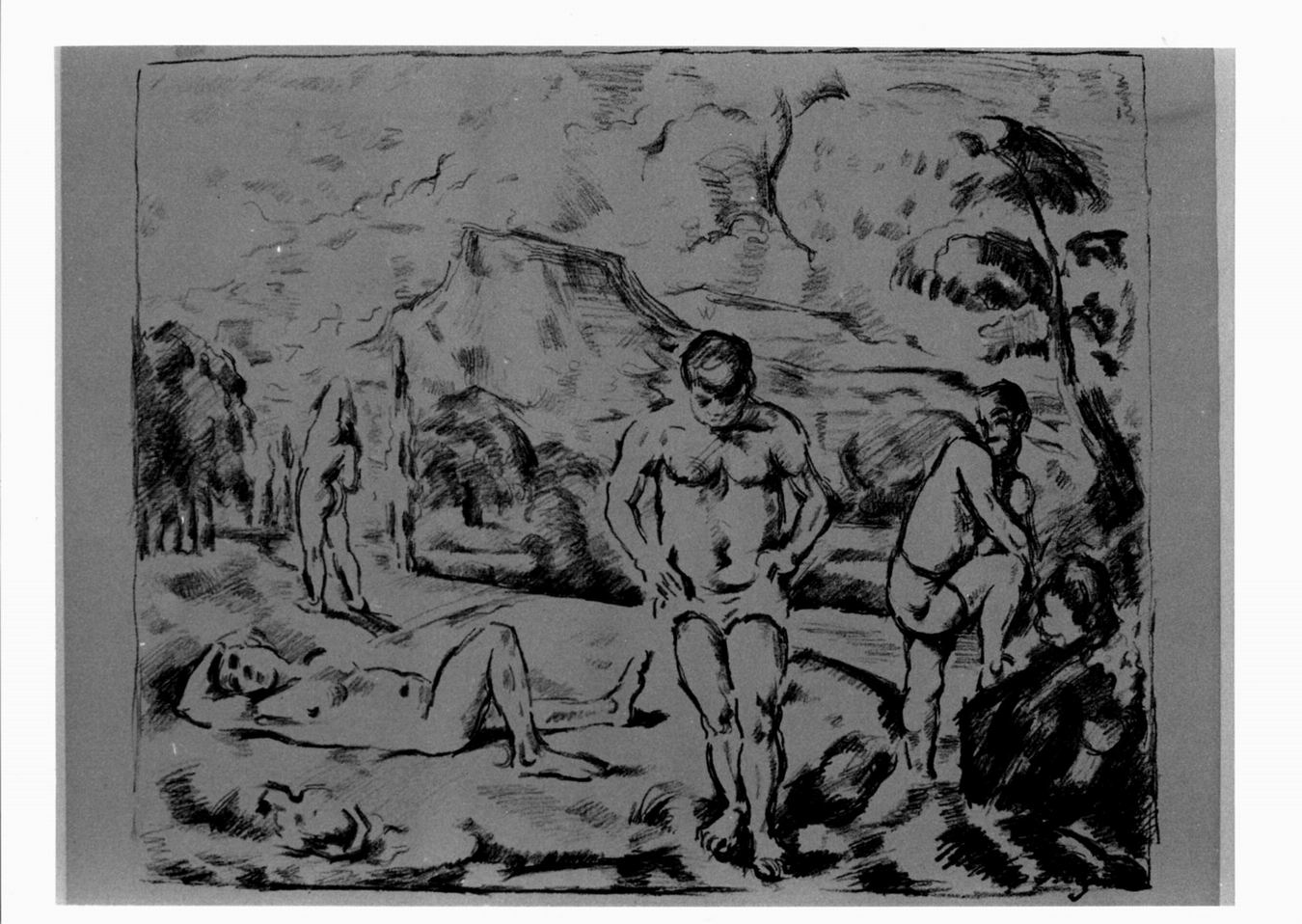 Les baigneurs, Bagnanti in paesaggio fluviale (stampa) di Cézanne Paul (sec. XIX)