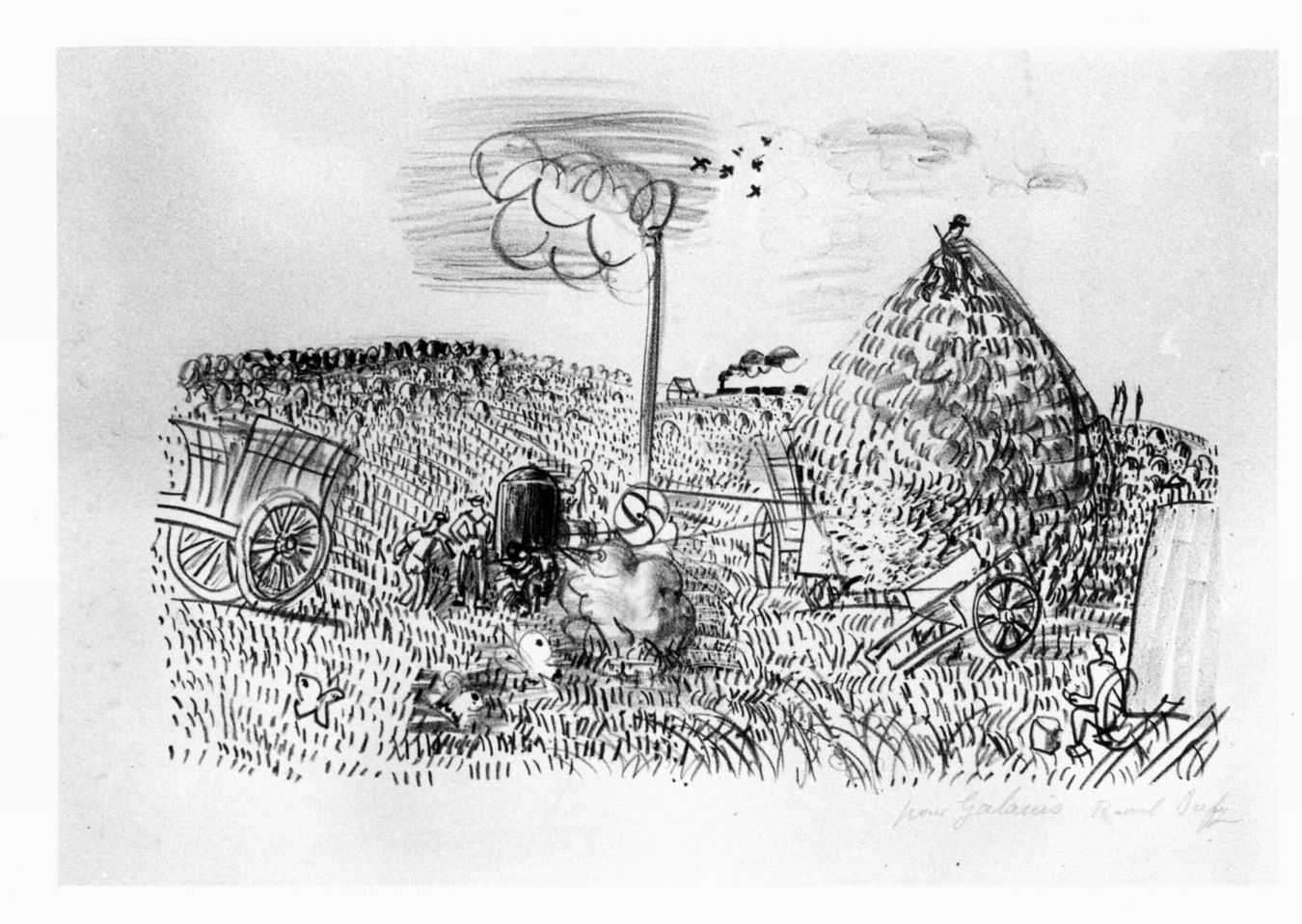 La batteuse de blè, Agricoltori e animali su un campo (stampa) di Dufy Raoul (sec. XX)