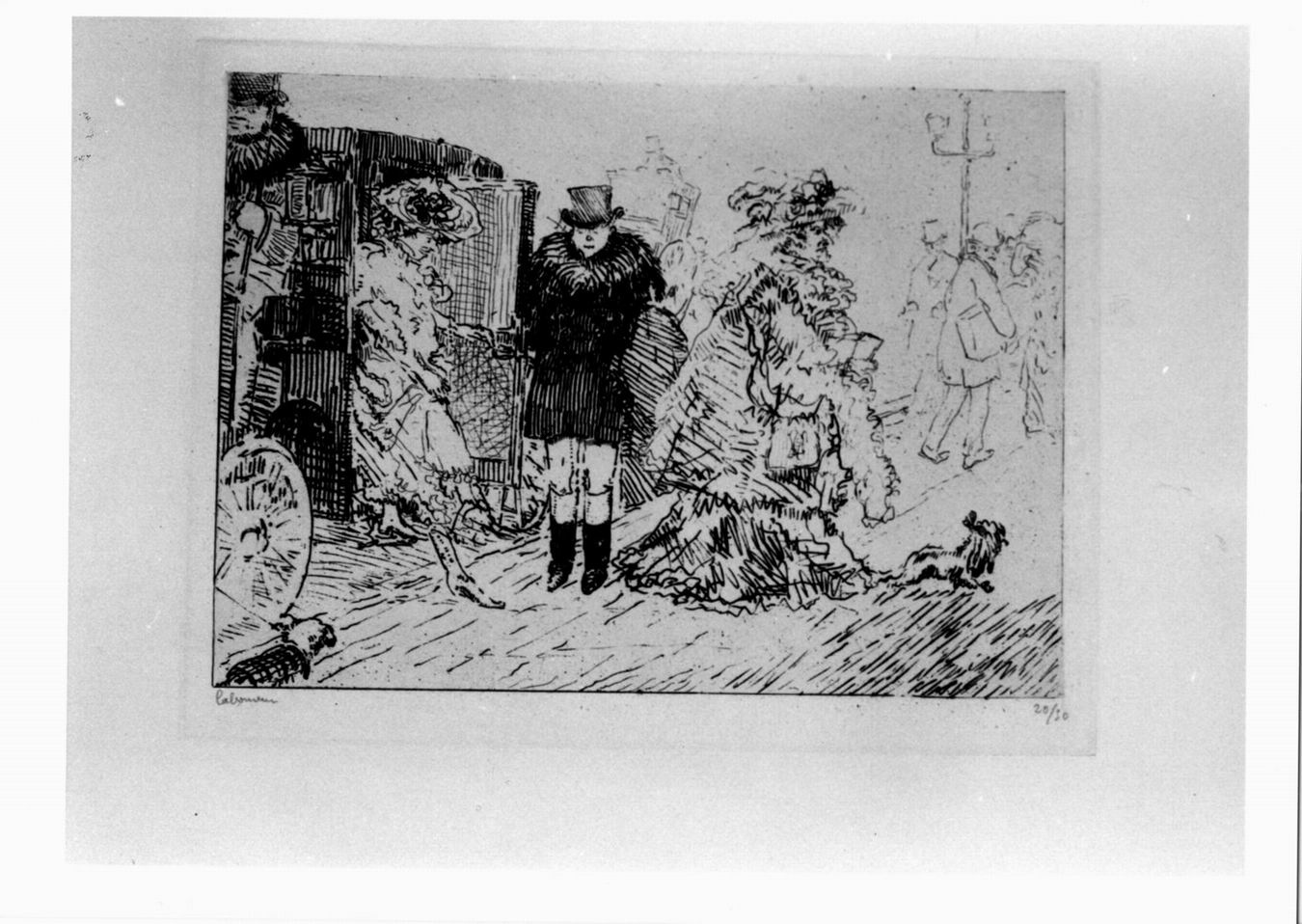 Apres midi, cinquième avenue, New York, Scorcio di strada con figure femminili, carrozza, valletto e cane (stampa) di Laboureur Jean Emile (sec. XX)