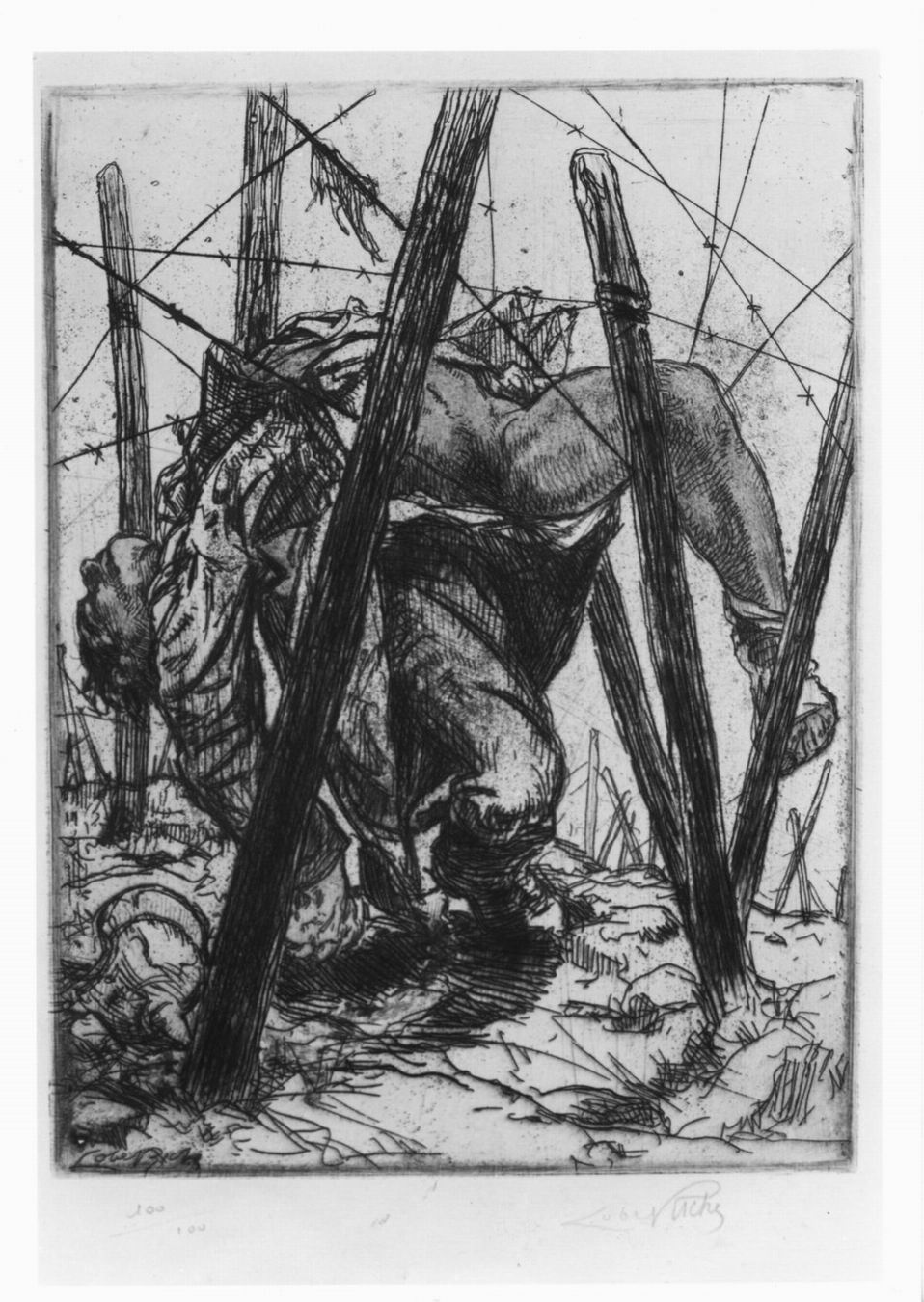 Le cisalleur, Soldato caduto su reticolato (stampa a colori) di Lobel-Riche Almèry (sec. XX)