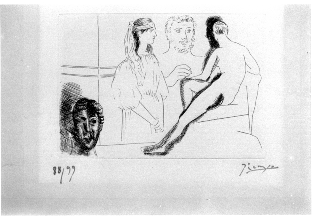 Sculpteur devant sa sculpture, Composizione con nudo femminile seduto, busto maschile, testa, figura femminile in piedi (stampa, elemento d'insieme) di Picasso Pablo (sec. XX)