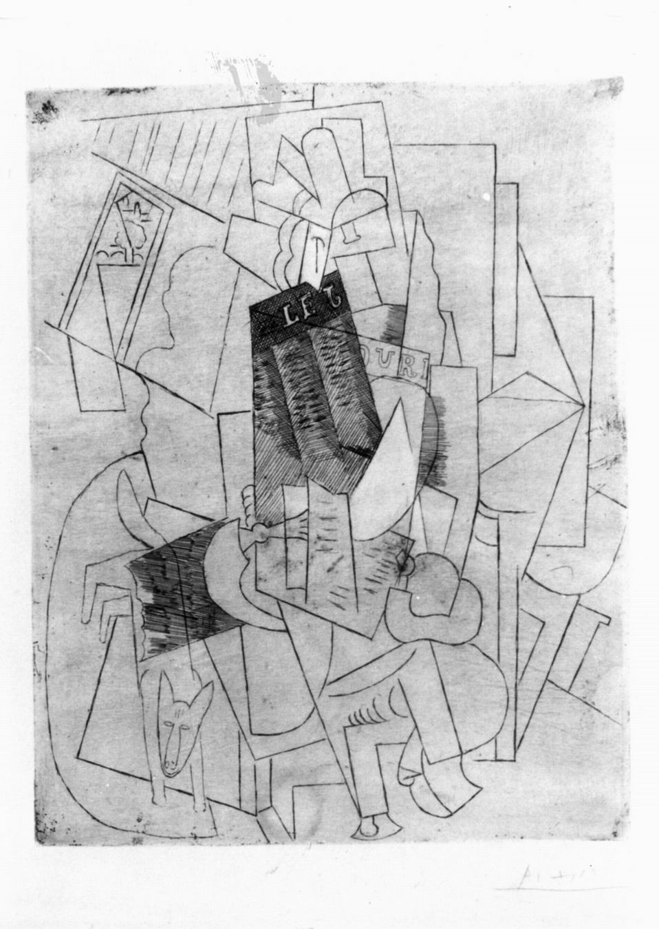 L'homme au chien, Figura maschile con cane su fondo cubista (stampa) di Picasso Pablo (sec. XX)