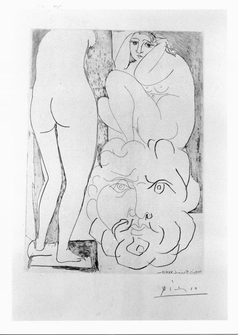 Nudo femminile rannicchiato, scultura di spalle, testa barbuta (stampa, elemento d'insieme) di Picasso Pablo (sec. XX)