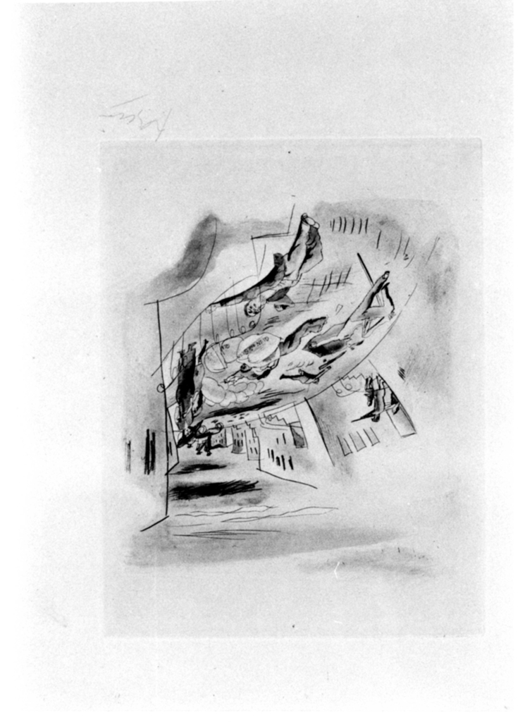 scorcio di strada con scena di sparatoria (stampa a colori, elemento d'insieme) di Mordecai Pincas Julius detto Jules Pascin (sec. XX)