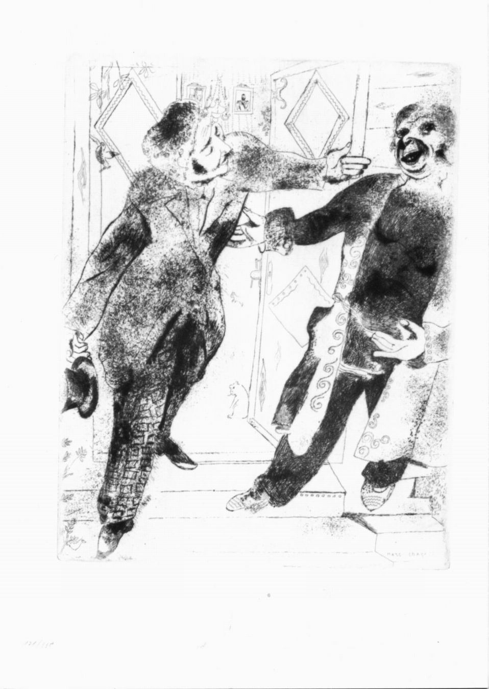 Mamilov et Tchitchicov sur le seuil de la porte, due figure maschili sulla soglia di una porta (stampa, elemento d'insieme) di Chagall Marc (sec. XX)