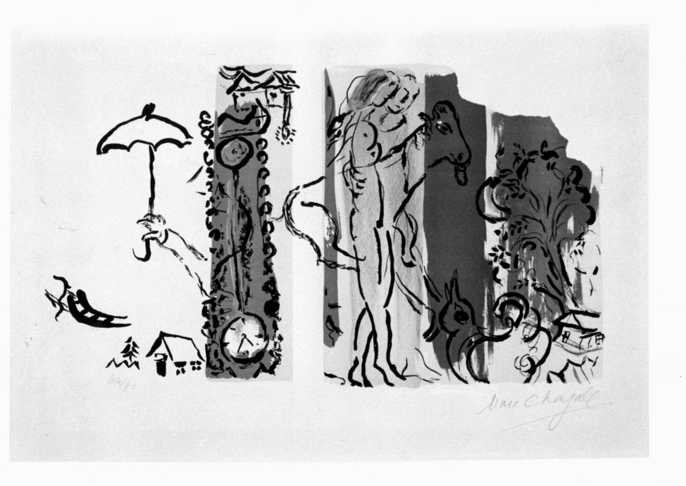 paysage aux isbas, paesaggio con coppia, capra, uccello, ombrello, orologio (stampa a colori) di Chagall Marc (sec. XX)