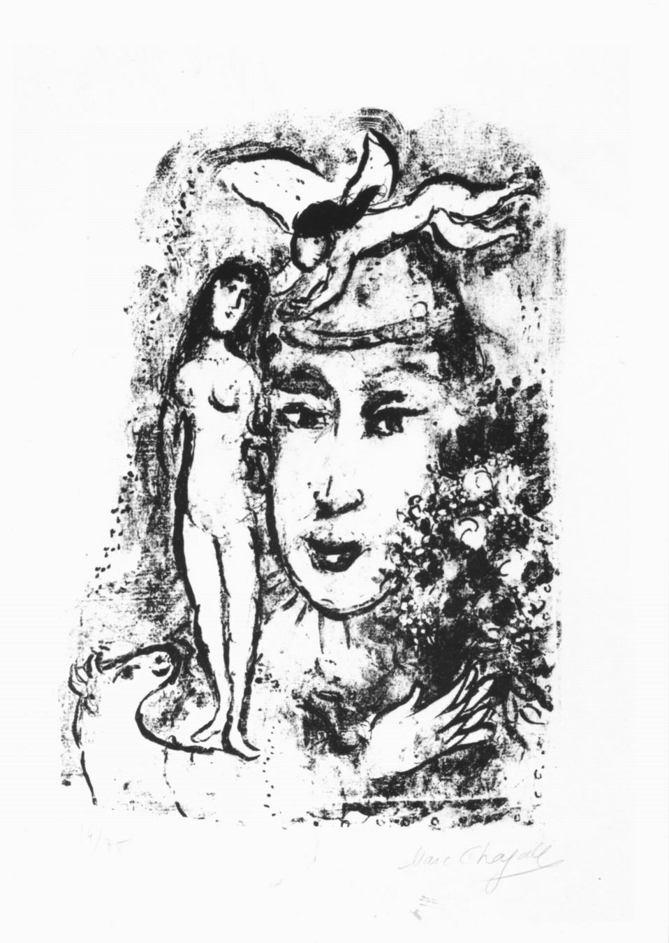 le clown blanc, testa maschile con nudo femminile, capra e figura in volo femminile (stampa) di Chagall Marc (sec. XX)