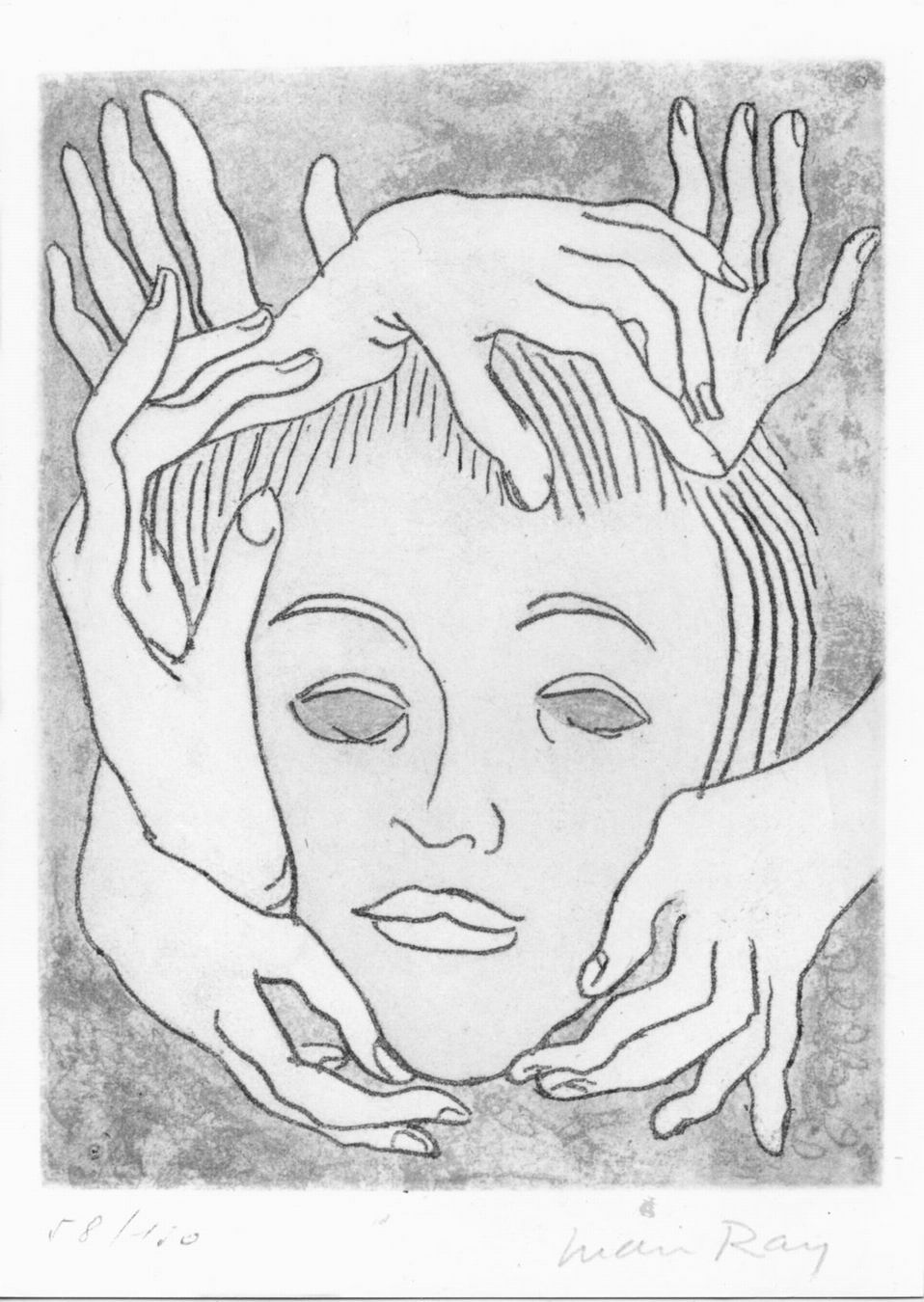 masque, volto circondato da mani (stampa a colori, elemento d'insieme) di Ray Man (sec. XX)