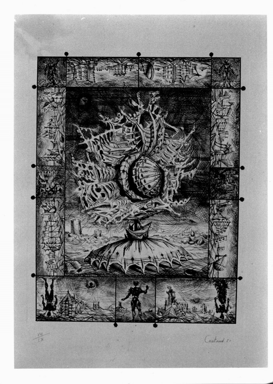 visage nocturne, paesaggio fantastico (stampa) di Coutaud Lucien (sec. XX)