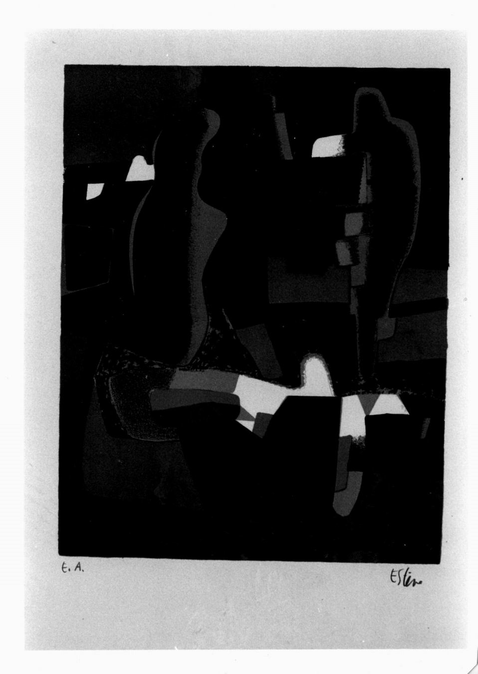 face à face, due figure su fondo astratto (stampa a colori) di Estève Maurice (sec. XX)