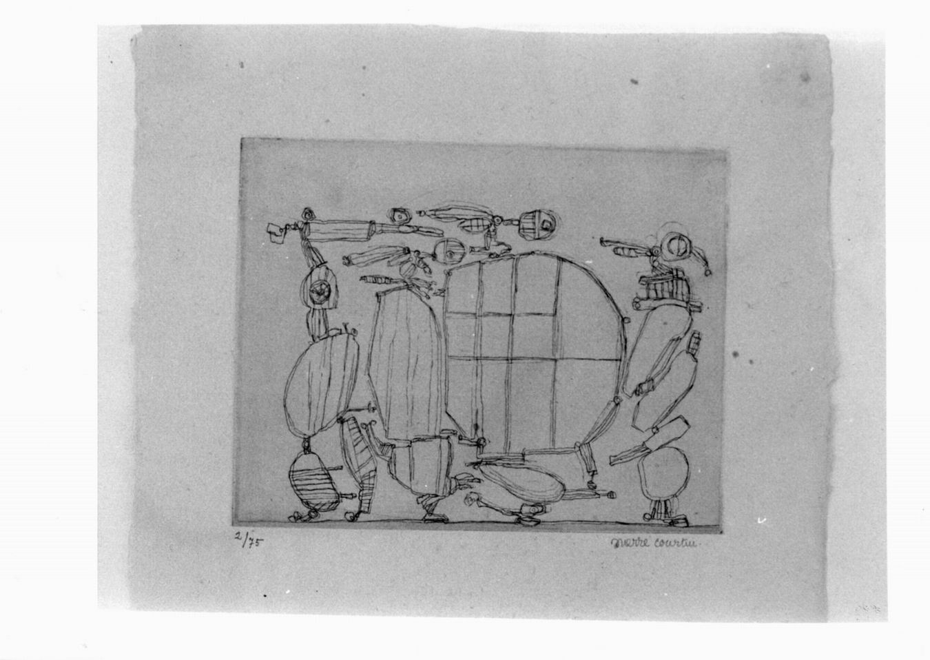 parents du coté gauche. 2 octobre 1971, composizione con figure meccaniche (stampa) di Courtin Pierre (sec. XX)