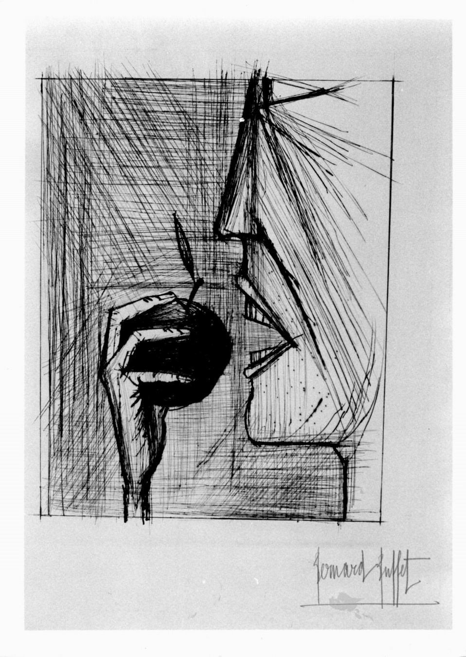 profil à la pomme, profilo in atto di addentare una mela (stampa, elemento d'insieme) di Buffet Bernard (sec. XX)