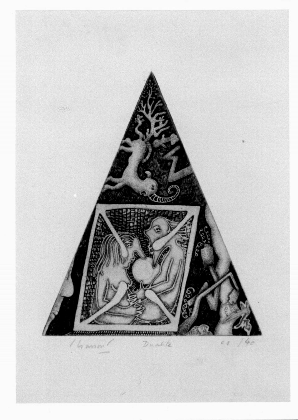dualitè, composizione con figure e unicorno (stampa) di Bassard Pierre (sec. XX)