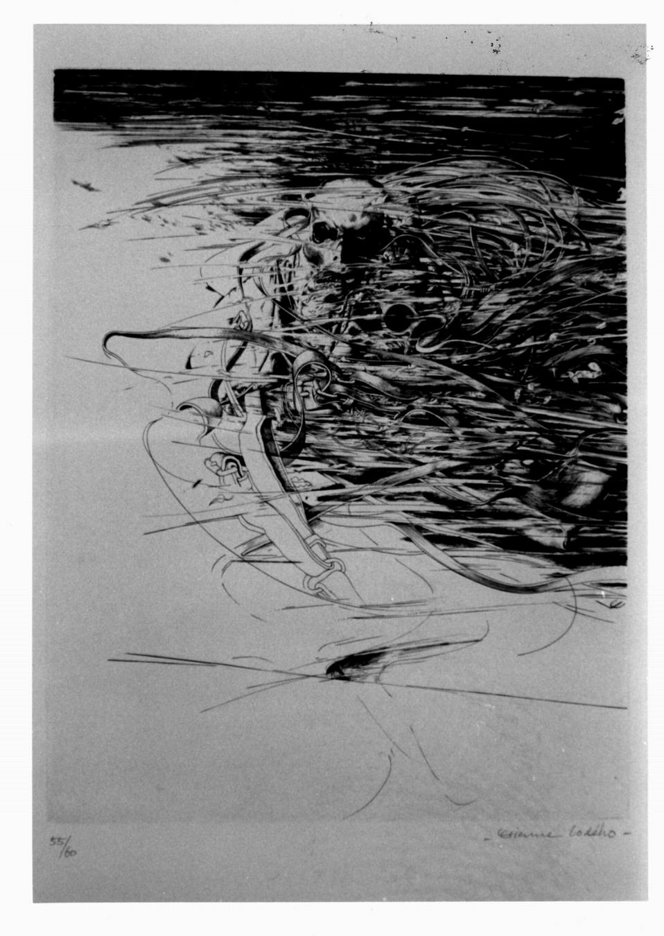 epouvantail èffrayè, composizione con testa e cinghia (stampa) di Lodeho Etienne (sec. XX)