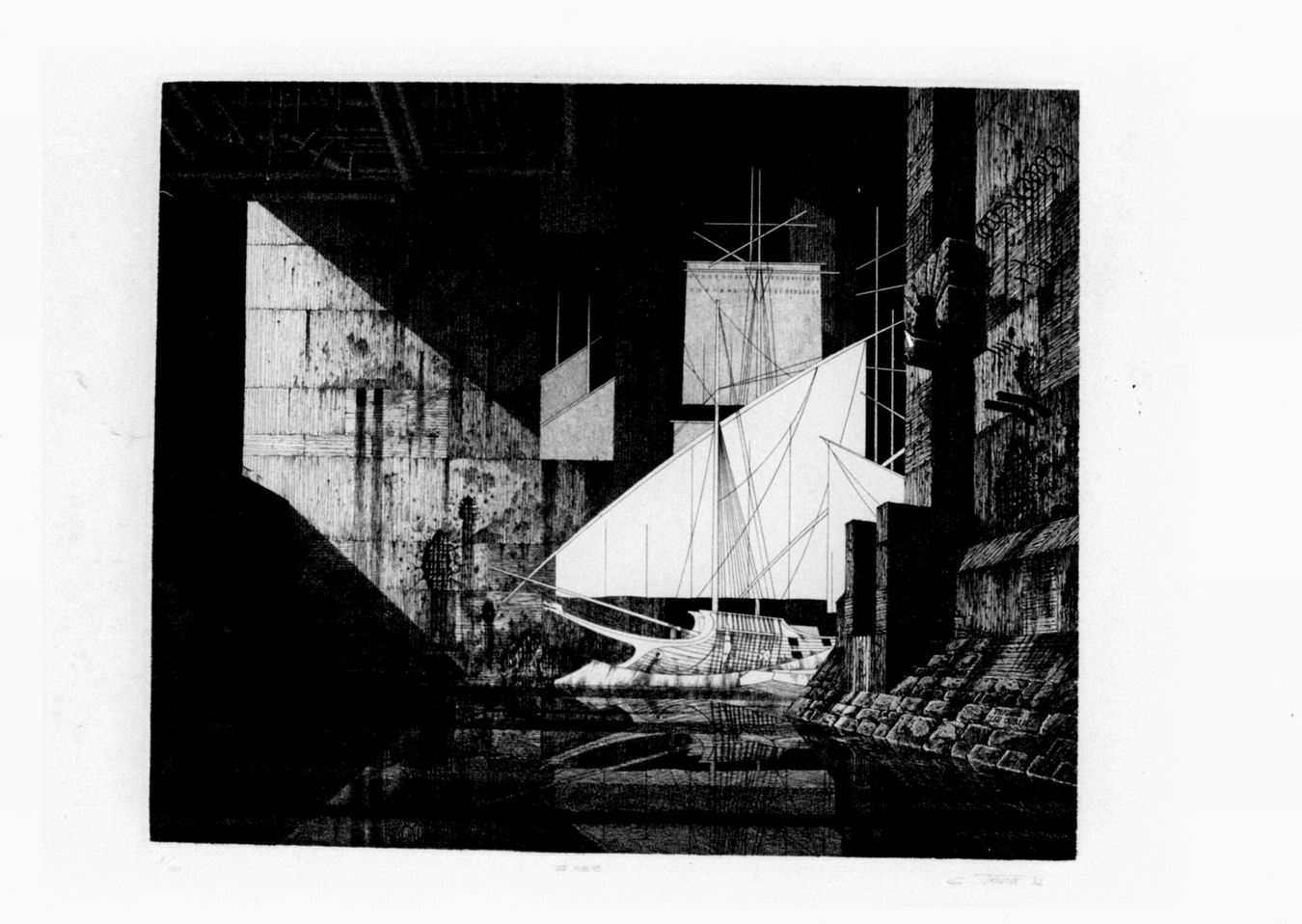 les oubliès, scorcio di architettura e veliero (stampa) di Trignac Georges (sec. XX)