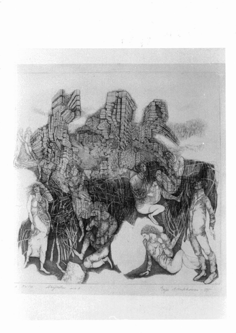 figure in paesaggio con rovine (stampa a colori) di Markkanen Eija (sec. XX)