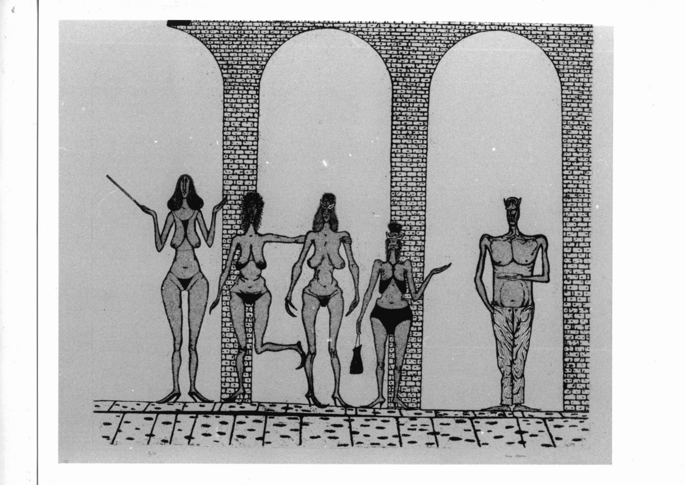 cinque figure seminude lungo una strada (stampa) di Ahonen Eino (sec. XX)