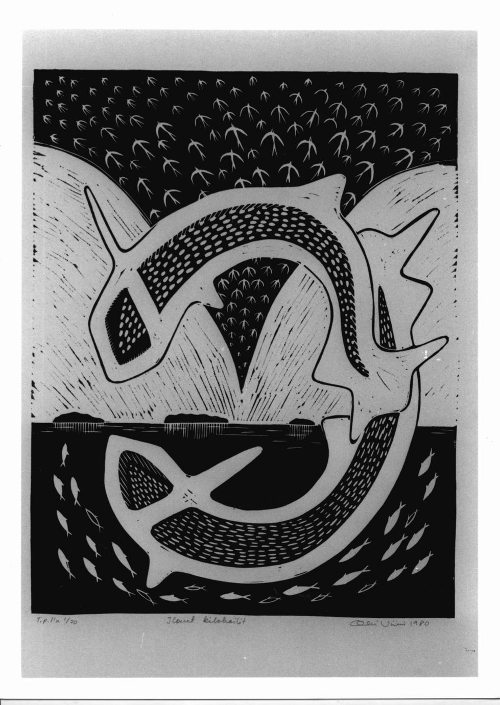 paesaggio con pesci e uccelli (stampa) di Viiri Olli (sec. XX)